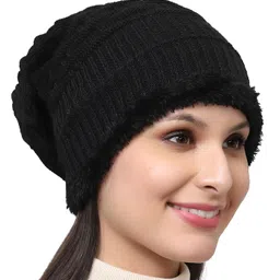 weavers villa Set of Snow Proof Inside Fur Acro Wool Unisex Beanie Cap Knit Hat Thick Fleece Lined Winter Cap and Gloves for Men & Women, Free Size image 4