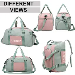 storite Nylon 46 Cm Multi Purpose Travel Duffle Bag for Women with Dry and Wet Separate Pocket, Lightweight Waterproof Backpack Carry Luggage Bag with Shoe Compartment (GreenPink, 46x23x25 cm) image 3
