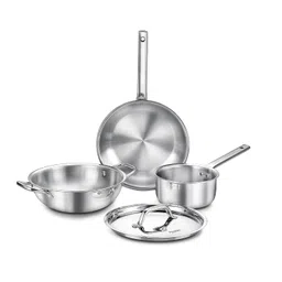 Prestige Tri-Ply Stainless Steel BYK Cookware Set| Fry Pan 24cm (1.7L), Kadai 24cm (2.7L) with SS Lid, Sauce Pan 16cm (1.5L)| Even Heat Distribution| Gas &Induction Compatible|Silver image 1
