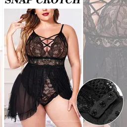 girlfriend Women's Plus Size Lingerie Beautiful Babydoll Snap Crotch Lace Chemise Ruffles Nightwear Bodysuit with Babydoll image 3