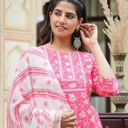 yash gallery Women's Cotton Floral Printed Anarkali Kurta with Pants & Dupatta Set image 5