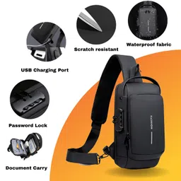 homozone Black Sling Bag for Men & Women | Crossbody, Chest & Shoulder Travel Bag | Waterproof Polyester with Dual Zipper, USB Charging Port & Password Lock | Document Carry & Hand Bag image 3