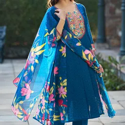 colors of earth Women's Embroidered Cotton Anarkali & Pant With Dupatta Set(COE_457) image 5