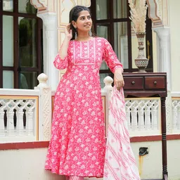 yash gallery Women's Cotton Floral Printed Anarkali Kurta with Pants & Dupatta Set image 3