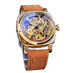 forsining Watches for Man, Square Retro Mechanical Watch Self-Wind Carved, Skeleton Automatic Watches Vintage Leather Strap Wristwatch image 1