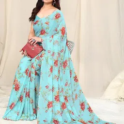 mirchi fashion Women's Chiffon Floral Printed Saree with Blouse Piece image 3