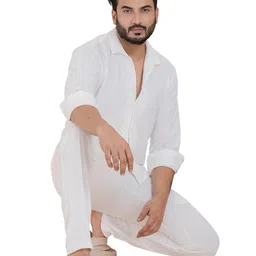 s s fashion Men's Solid Polyester Summer Co-ord Set with Collared Shirts & Pant Set White image 5