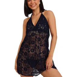 clovia Women's Lace Self-Patterned Sheer Halter-Neck Knee Length Babydoll with Matching Thong image 1