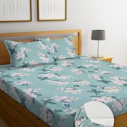 TARAIN COLLECTION Cotton Perfect Fitted Bedsheets with 2 Pillow Covers | King Size| Double Bed with All Around Elastic 180 TC |Size-78" x 72" +10" | Traditional (Multicolour, Dark Blue) image 1