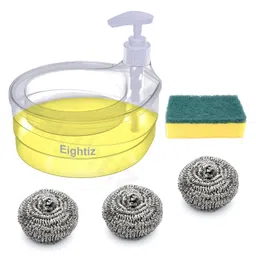eightiz Double Layer Soap Dispenser for Bathroom Accessories Dishwasher Liquid Holder Liquid Dispenser Pump with Sponge Holder Kitchen Sink Accessories Items with 3 pcs Scrub image 1