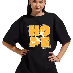 leotude Oversized Half Sleeve Tshirt for Women, Round Neck Longline Printed Drop Shoulder T-Shirt (Color Black) image 1