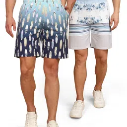 bullmer Regular Fit Cotton Blend Summer Shorts for Men - Pack of 2 | Printed Shorts for Men Blue/White image 1