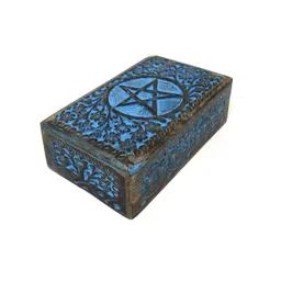 essencio shop Wooden Tarot Box in Antique finish with Pentacle and rustic blue color, for tarot, crystals, jewellery and altar 5x8 inches image 4