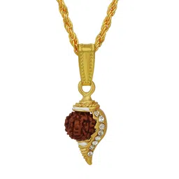 dulci Gold Tone Stone & Rudraksha Studded Shankh Sangu Shell Design Neck Chain Pendant Locket Necklace Temple Jewellery For Men/Women image 1