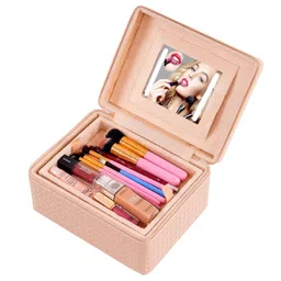 Hard Craft Large Capacity Cosmetic Bags for Womens Girls Bride Multi Functional Beauty Case Wedding Makeup Jewelery Bridal Box Leather Storage Organizer Home Travel with Mirror Handle 23x18x12 cm image 1