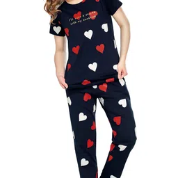 zeyo ZEYONight Suit for Women's Navy Blue Heart Printed Cotton Night Dress of Top and Pajama Set 5780 image 1