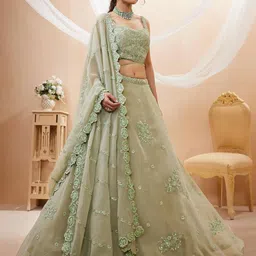 zeel clothing Women's Georgette Semi Stitched Lehenga Choli With Dupatta (7060-Pista-Wedding-Bridal-Stylish-Latest; Free Size) image 3