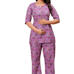 anuom Women's Cotton Printed Matetnity Kurta Pants | Feeding Pyjama Set for Women | Printed Comfortable Feeding Top Pants image 1