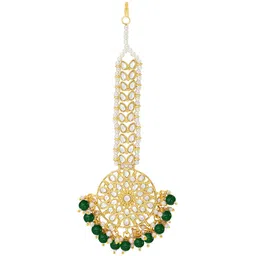peora Gold Plated Indian Traditional Wedding Kundan Green Pearl Maang Tikka for Women Girls image 3