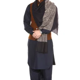 pashtush Woven Mens Fine Wool Stole, Check-Stipe Design, Mens Muffler, Warm Cashmere Feel (Black) image 2