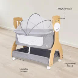 R for Rabbit Lullabies Woodsy 2 in 1 Manual Swing Wooden Cradle Newborn Baby Convertible Cot Bassinet with Mosquito Net, Lockable Wheels & Storage Space for Kids 0-12 Months, Upto 12 Kg (Dark Grey) image 5
