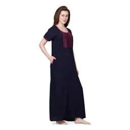 sand dune Plain Straight Fit Night Gown for Womens - Nighty Fabric Bizzy Lizzy - Ladies Maxi with Round Neck has Embriodary-SD_P9 image 5