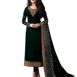 miss ethnik Women's Green Georgette Semi Stitched Top With Unstitched Santoon Bottom and Faux Georgette Dupatta Embroidered Straight Kurta Dress Material (Pakistani Salwar Suit) (SF-R-976-Green) image 1