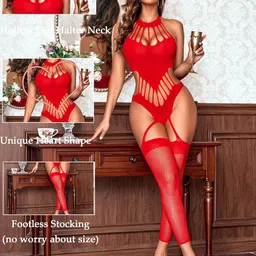 girlfriend Sexy Women's Lingerie Set - Lace Babydoll Outfits 1 Piece Fishnet Bodysuit with Attached Mini Skirt with Stockings image 3