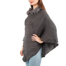 manra Women Solid Cape Coat (SC 18 NECK FIR GREY_Grey_Free Size) image 3