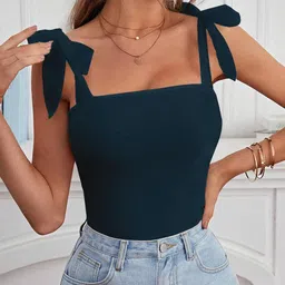 tivante Solid Square Neck Tie Up Shoulder Sleeveless Crop Top for Women image 5