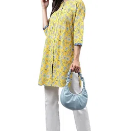 janasya Women's Yellow Cotton Floral Print Empire Tunic image 3