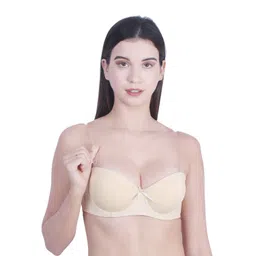 brachy Women's Balconette Demi Cup Lightly Padded Wired Push-Up Bra Strapless, Transparent Straps (Free Extra Transparent Strap) image 1