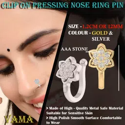 vama FASHIONS Clip on Nose Ring Without non Piercing Pressing Type Nose Pins Stud for Women - Combo 2pcs Gold & Silver image 3