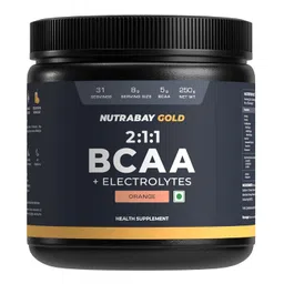 Nutrabay Gold BCAA 2:1:1 with Electrolytes - 5g Vegan BCAAs, Pre/Post Workout Energy Drink - 250g, Orange image 1