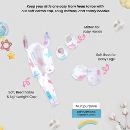 Litilish Newborn Baby Gift Set – Swaddle, Jhabla, Nappy, Washcloths, Booties, Cap, Mittens & Wooden Ring Teether | Soft & Safe Essentials for Newborns (Butterfly Print) image 4
