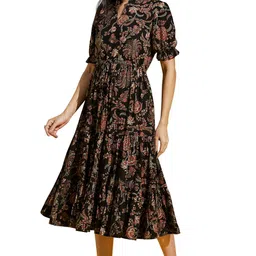 flowervelly Dresses for Women Printed fit and Flare Printed Black Dress Ethnic image 1