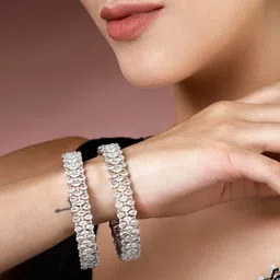 zeneme Rhodium-Plated Silver Toned White American Diamond Studded Bangle Set for Women and Girls image 2