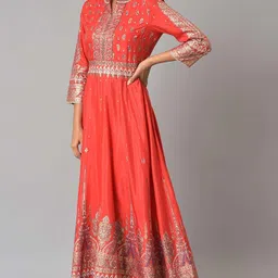wishful Women's Polyester Tomato Red Festive Mughal Gown Ankle Length Dress image 3