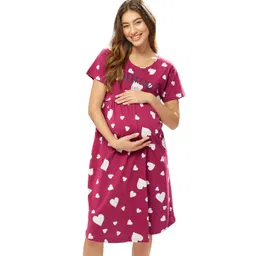 lotik Women's Cotton Heart Printed Maternity & Feeding Calf Length Short Nighty image 1