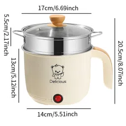 ATORSE Electric Hot Pot Household 1.8L Nonstick Electric Skillet for Soup Fry Pasta with Steamer Khaki image 4