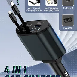 e-smarter Retractable Car Charger, 100W 4 in 1 Fast Charging Car Adapter, 31.5 Inch Retractable Cables with 2 USB Ports, Universal Car Phone Charger for Tablets and Smartphones, Silver image 2