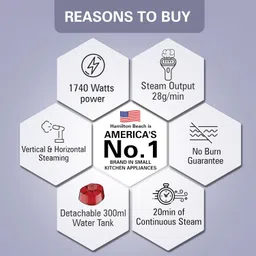 Hamilton Beach Professional Garment Steamer, Steam Iron for Clothes, 1740Watt Fast Heat Up, Turbo Steam Mode, Detachable Fabric Brush, Large 300ml Water Tank, Ergonomic Handle, 2m Cord, Black image 3