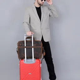 learichi 17 Inch Men's Genuine Hunter Leather Laptop Shoulder Bags for Men Office Travel, Distressed Brown Real Leather Briefcase Vintage Messenger Bag with Multiple Compartments, Trolley attachment image 3