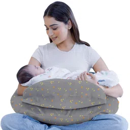 Cherilo Feeding Pillow for New Born Baby, Nursing Pillow for Breastfeeding with Security Fence Design for Extra Baby Support, Adjustable Waist Belt | Premium Cotton Fabric, Grey Leaf image 1