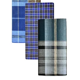 blue leaf Multicolor Stitched Lungies CLOSED Lungies for Men Cotton, Pack of 3 - Assorted Checks 2.25 Meter image 2