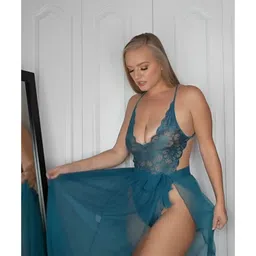 klovvy Women’s Babydoll One Piece Self Design Lingerie Deep V Neck Lace Bodysuit Mosaic Lace Teddy Mesh Skirt for Honeymoon Night & Bedroom Wear Nighty image 5