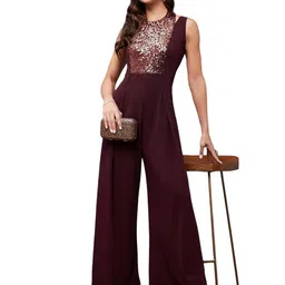 miss chase Women's Halter Neck Sleeveless Solid Pleated/Wide Leg Sequin Panelled Regular Length Jumpsuit image 1
