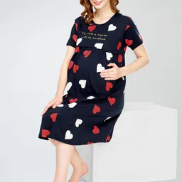 zeyo Women's Cotton Night Dress Heart Printed Maternity & Feeding Short Nighty Night Gown 5810 image 3