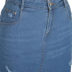 peptrends Women's Straight Fit Mid Rise Above Knee Length Distressed Denim Skirt image 5