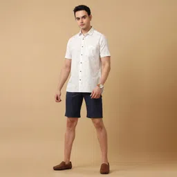 linen club Mens's Linen Rich Blue Solid Slim Fit Casual Shorts image 3